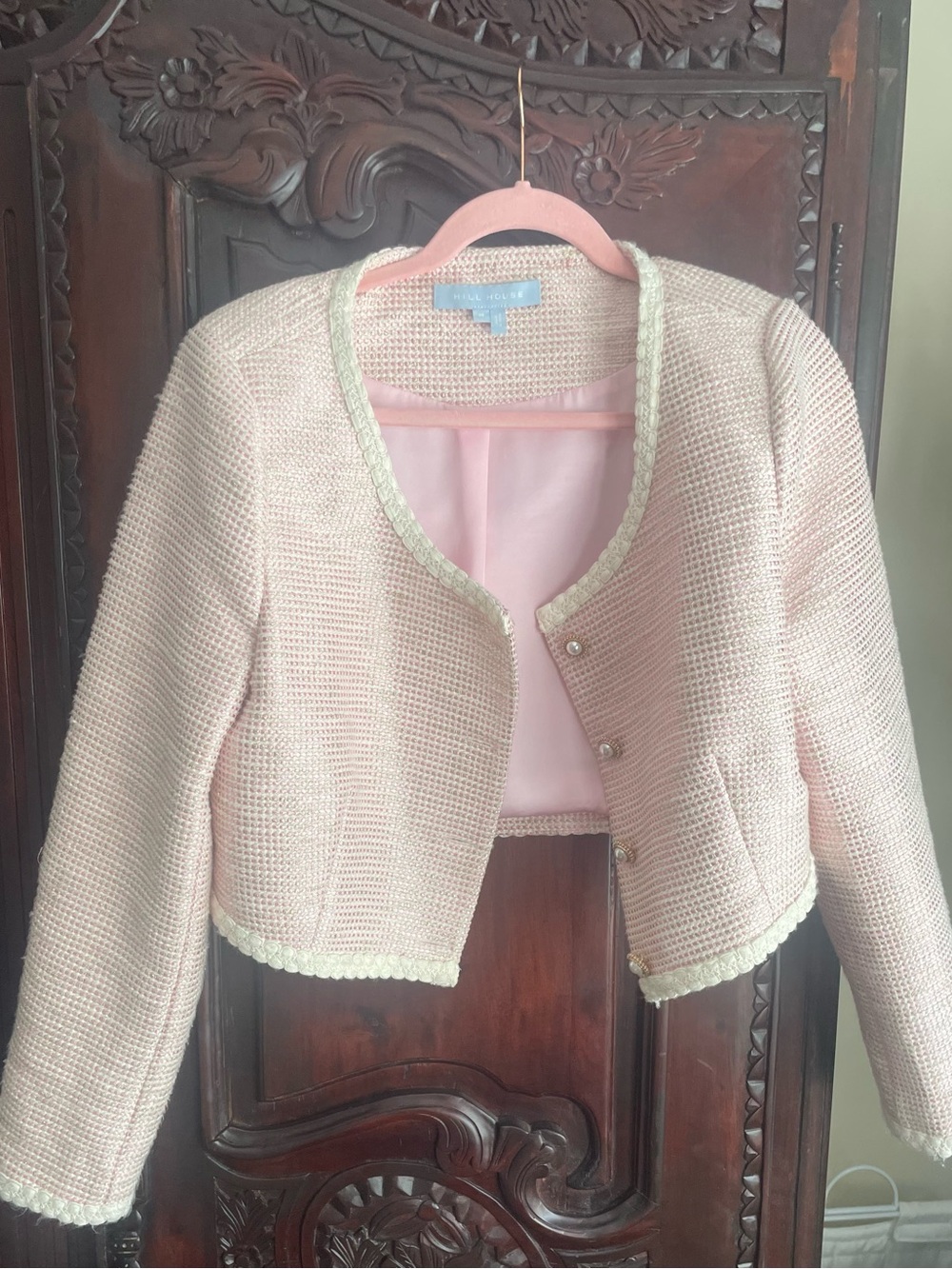 Hill House Blush Pink Tweed Cropped Blazer with Cream Braid